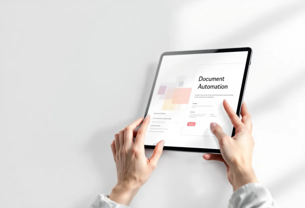 Hands holding a tablet showing a document automation app